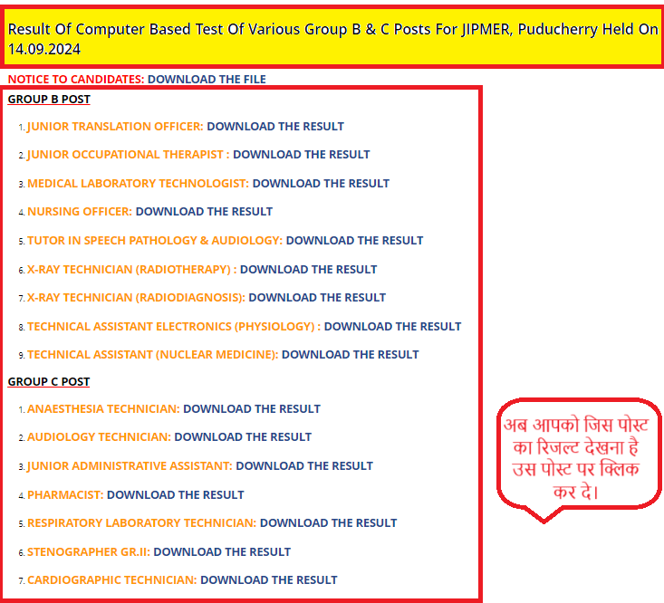 JIPMER Group B, C Various Post Result 2024 को कैसे डाउनलोड करे ?